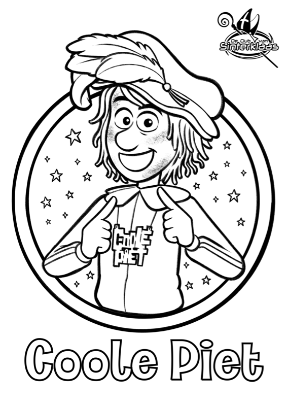 Voorbeeld van kleurplaat Coole Piet, zwart-wit lijntekening om in te kleuren