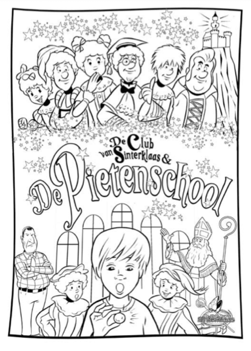 Voorbeeld van kleurplaat De Pietenschool, zwart-wit lijntekening om in te kleuren