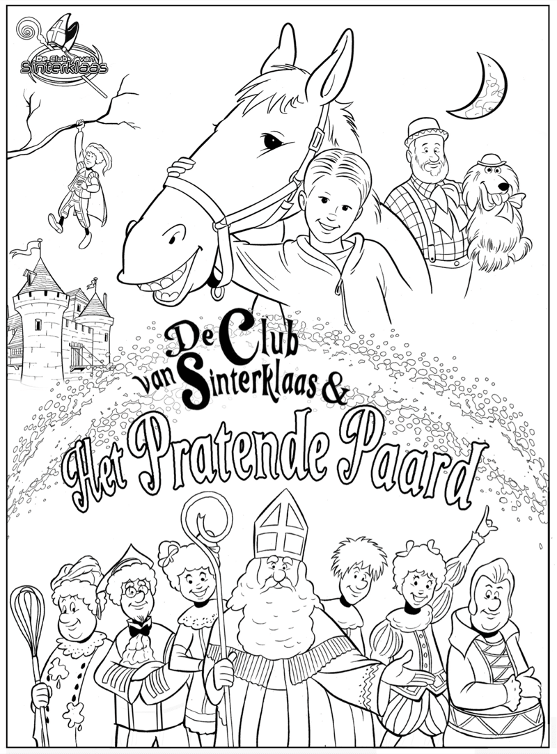 Voorbeeld van kleurplaat Het Pratende Paard, zwart-wit lijntekening om in te kleuren
