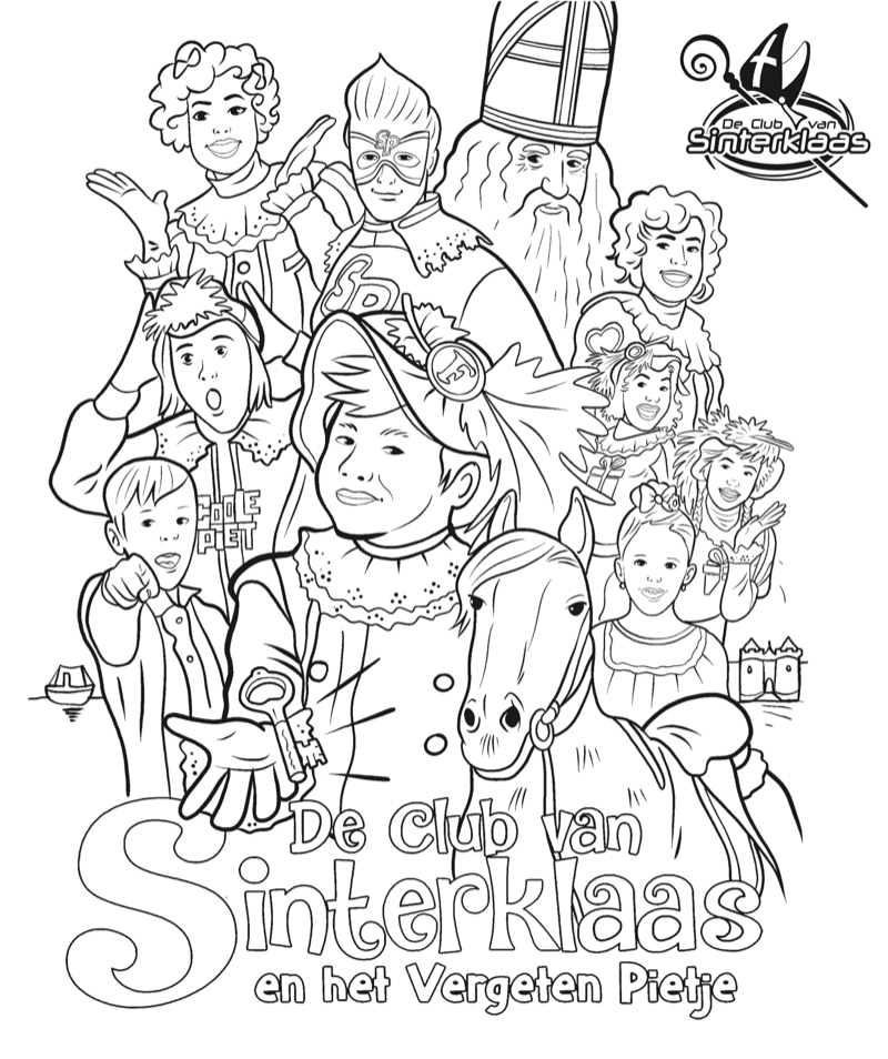 Voorbeeld van kleurplaat Het Vergeten Pietje, zwart-wit lijntekening om in te kleuren
