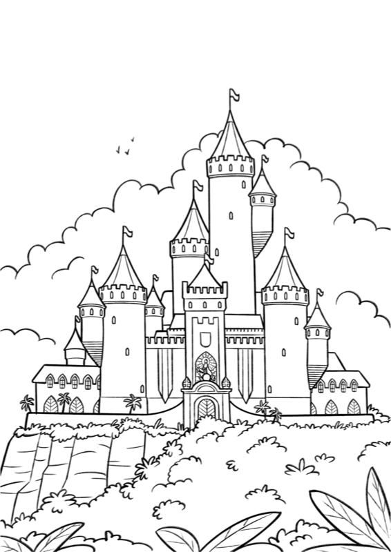 Voorbeeld van kleurplaat Kasteel van Sinterklaas, zwart-wit lijntekening om in te kleuren