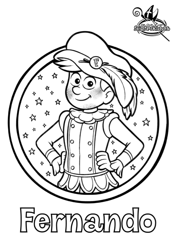 Voorbeeld van kleurplaat Pietje Fernando, zwart-wit lijntekening om in te kleuren