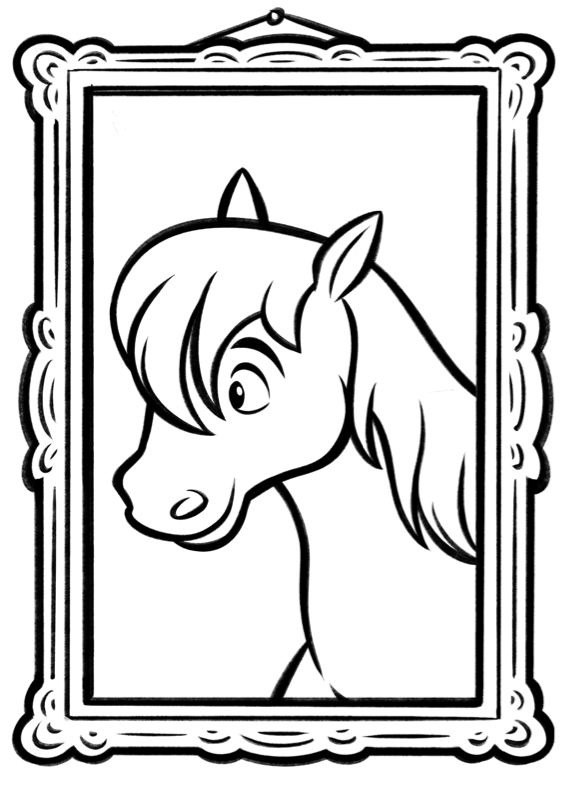 Voorbeeld van kleurplaat Pony, zwart-wit lijntekening om in te kleuren