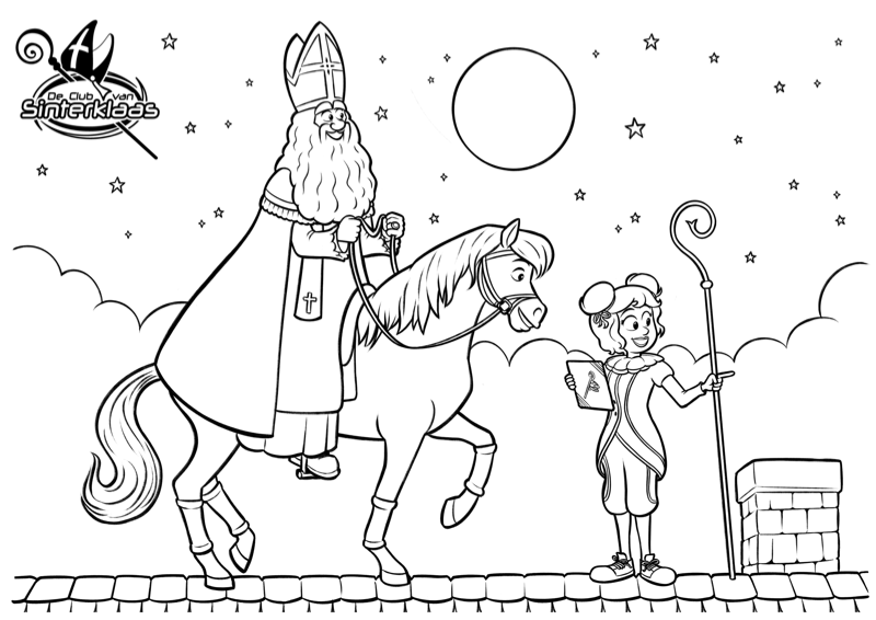 Voorbeeld van kleurplaat Sinterklaas, Ozosnel & Testpiet, zwart-wit lijntekening om in te kleuren