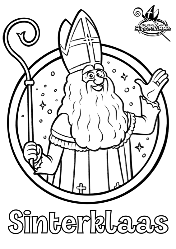 Voorbeeld van kleurplaat Sinterklaas, zwart-wit lijntekening om in te kleuren