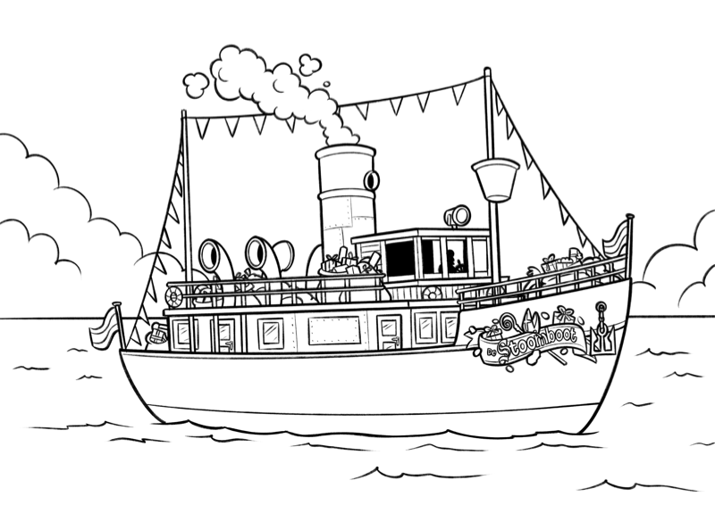 Voorbeeld van kleurplaat De Pakjesboot, zwart-wit lijntekening om in te kleuren